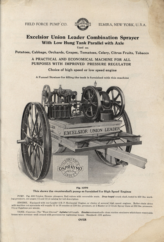 Illustrated advertisement for the Excelsior Union Leader Combination Sprayer offered by the Field Force Pump Company.