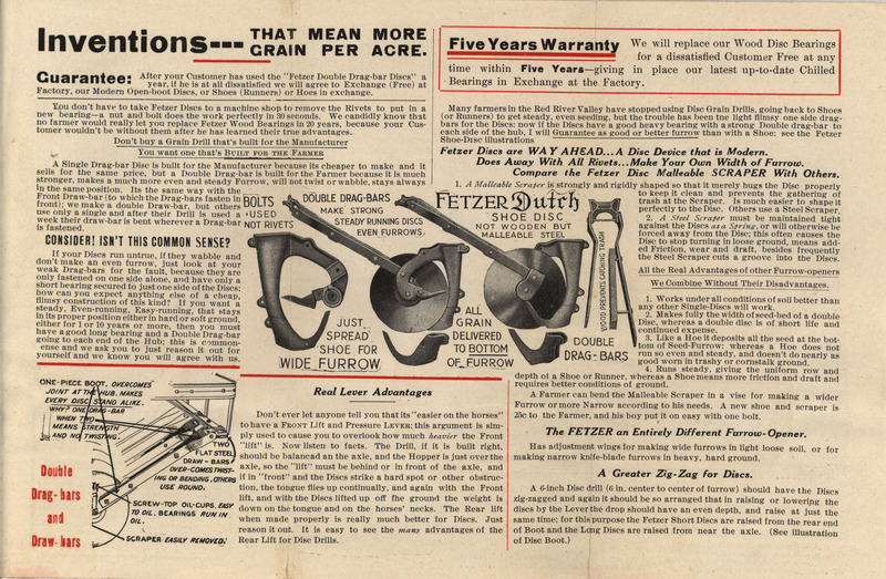 Illustrated advertisement for the agricultural implements offered by the Fetzer and Company.