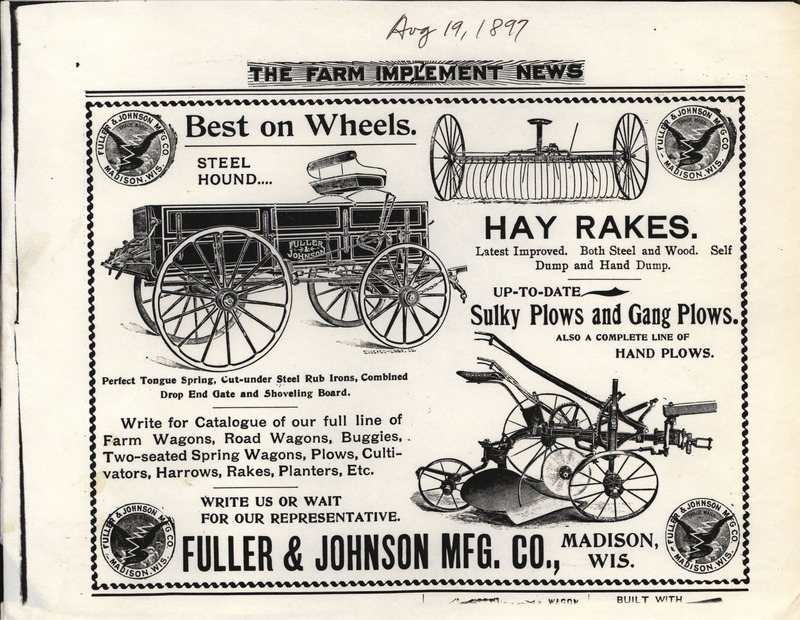 Illustrated advertisement for Fuller and Johnson Manufacturing Company in 1897.