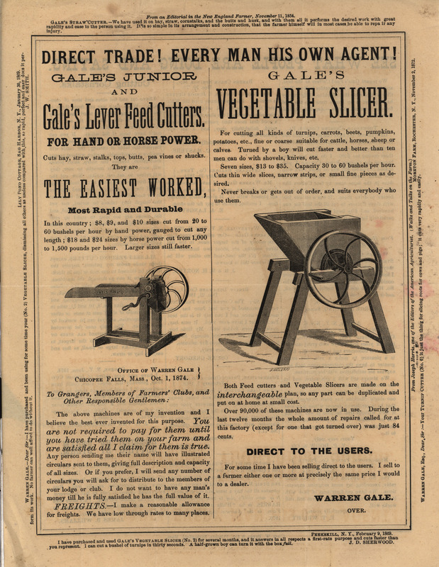 Advertisement from the Gale Manufacturing Company depicting Lever Feed Cutters and Vegetable Slicers, including a description and various reviews of the product.