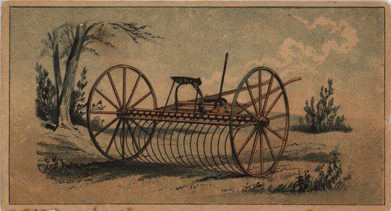 Illustrated advertisement cards for the sulky rake offered by the Gale Manufacturing Company.