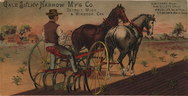 Illustrated advertisement card for the sulky harrow offered by the Gale Manufacturing Company.