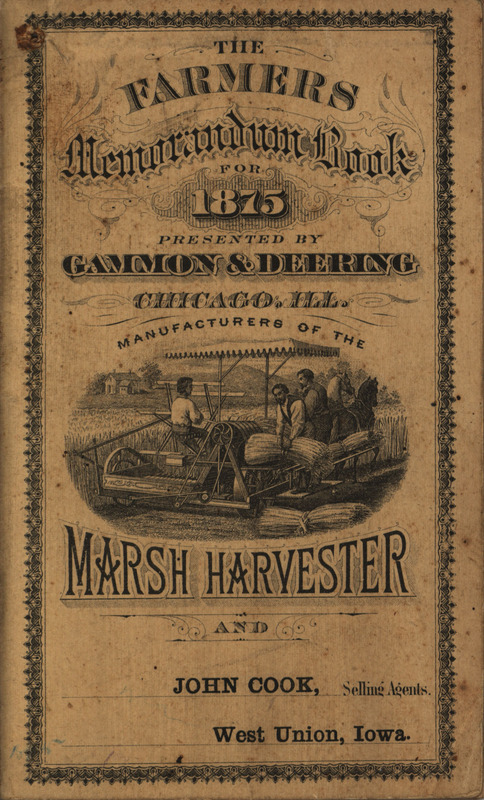 Illustrated memorandum book produced by the Gammon and Deering Manufacturers in 1875.