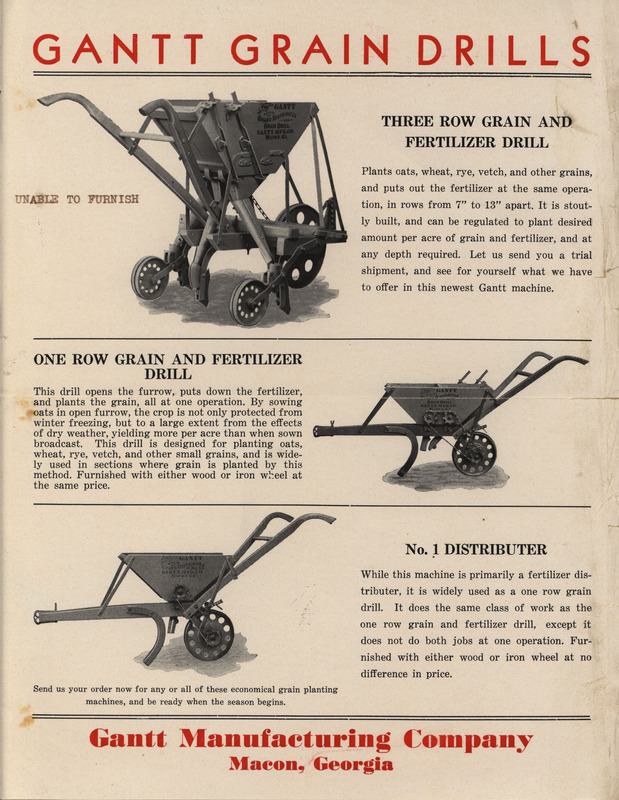 Illustrated advertisement for the grain drills offered by the Gantt Manufacturing Company.