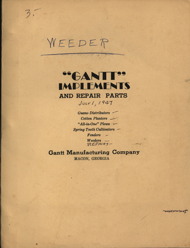 Illustrated catalog describing the agricultural implements offered by the Gantt Manufacturing Company in 1947.