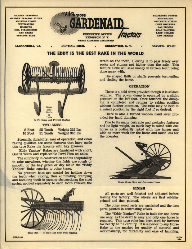 Advertisement for Gardenaid Tractors, including descriptions of "The Eddy" rake and illustrations.