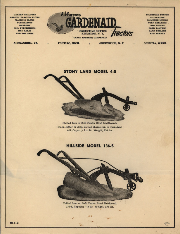 Gardenaid Tractors advertisement with illustrations of two models of their tractor, the "Stony Land" model and the "Hillside" model.