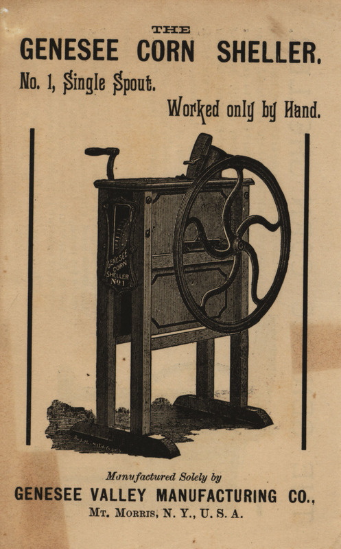 Illustrated advertisement for the corn sheller offered by the Genesee Valley Manufacturing Company.