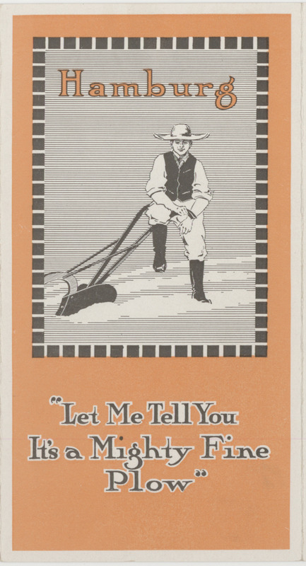 Illustrated advertisement pamphlet for the agricultural products offered by Hamburg Plow Works.