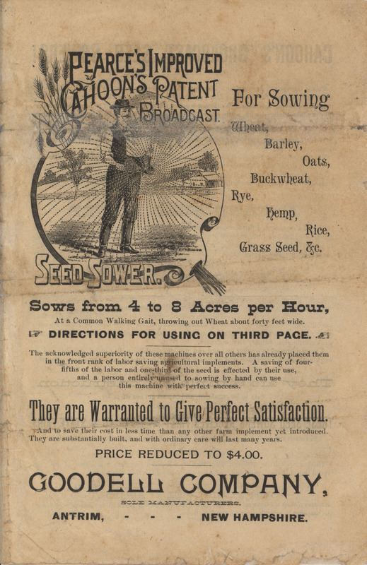 Pamphlet advertising a seed sower offered by Goodell Company including directions for use and features.