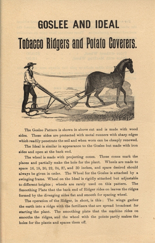 Advertisement for tobacco ridgers and potato coverers offered by Belcher and Taylor Agricultural Tool Company.