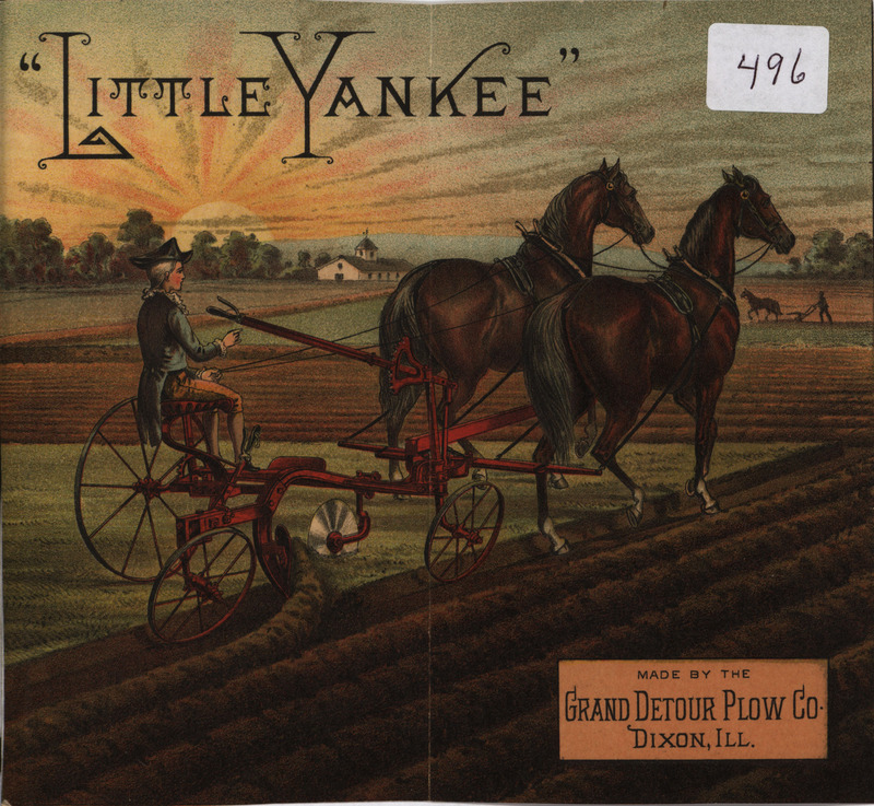 Illustrated advertisement for the Little Yankee Plow offered by Grand Detour Plow Company, including a depiction of the plow in the field and testimonials from customers.