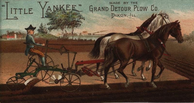 Illustrated advertisement card for Grand Detour Plow Company depicting a plow in the field.