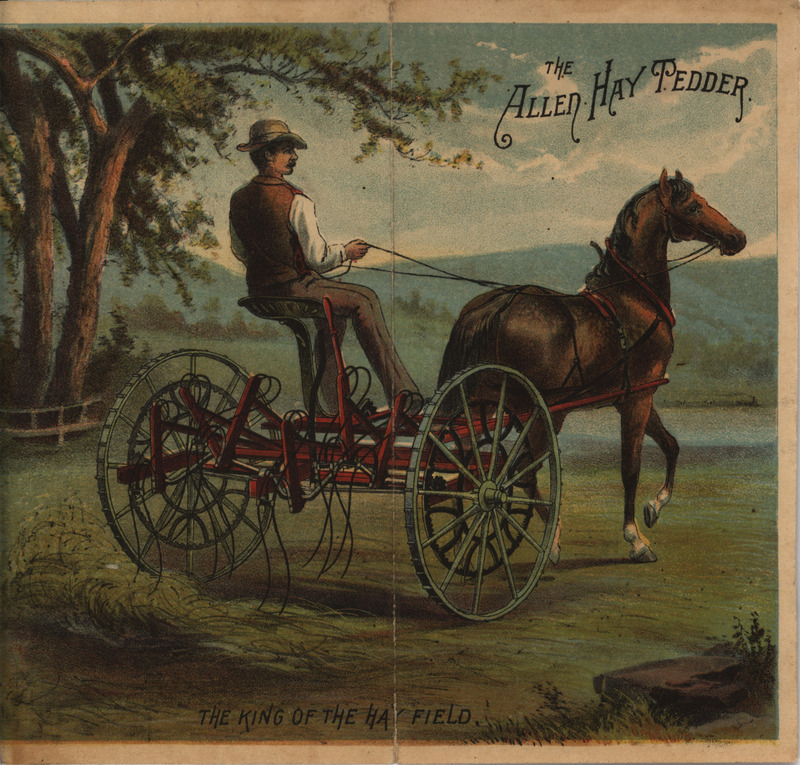 Illustrated advertisement for the Allen Hay Tedder depicting the implement in the field and including description of its features.