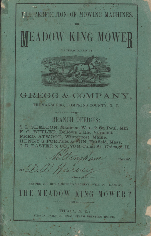 Illustrated catalog describing the Meadow King Mower and related products offered by Gregg and Company.