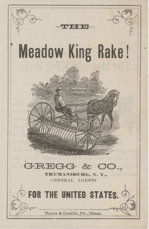 Illustrated pamphlet advertising the Meadow King Rake offered by Gregg and Company, including description of rakes features.
