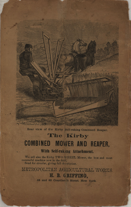 Illustrated advertisement for the Kirby Combined Mower and Reaper, offered by the Metropolitan Agricultural Works.