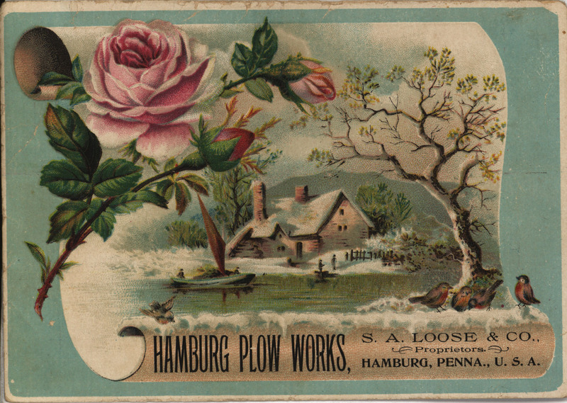 Illustrated advertisement card for Hamburg Plow Works depicting a homestead.