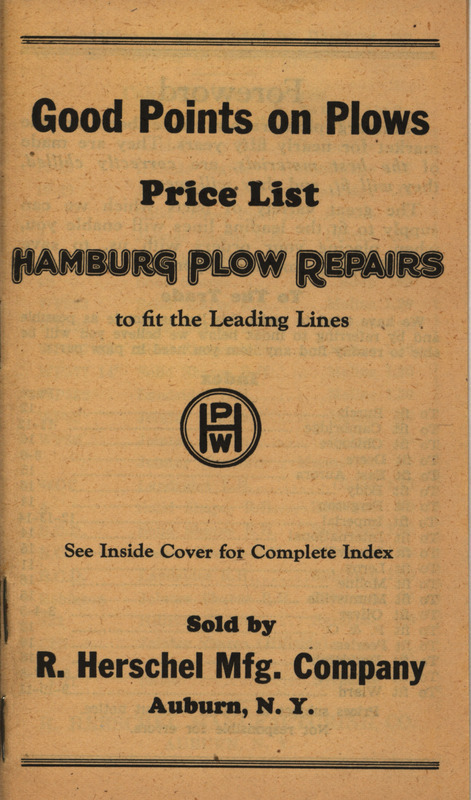 Price list for repairs and parts for agricultural implements offered by Hamburg Plow Works.