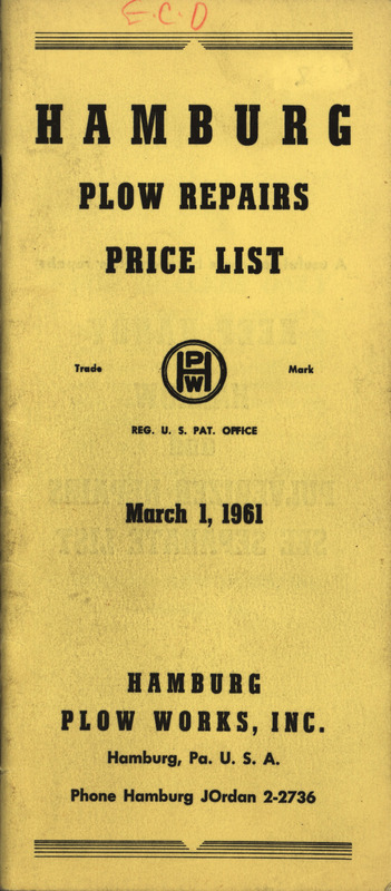 Price list for repairs and parts offered by Hamburg Plow Works in 1961.