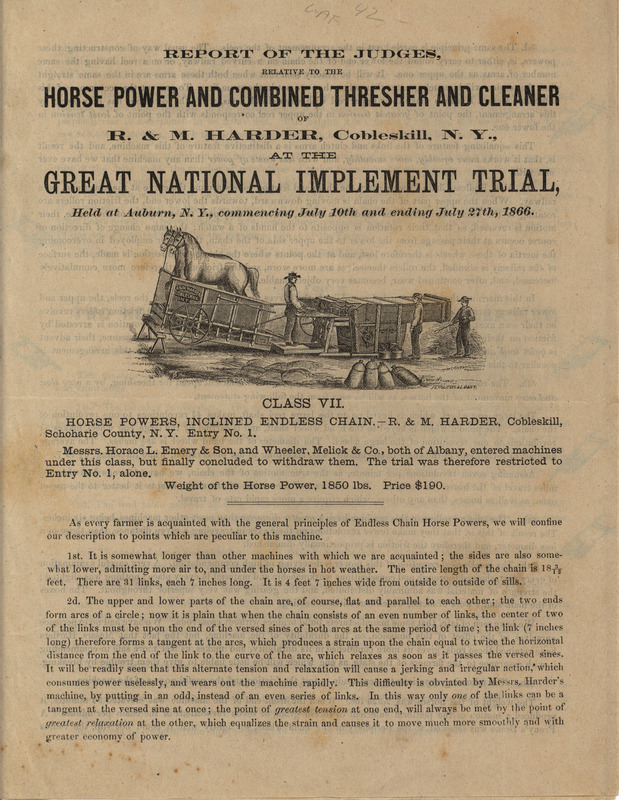 Report describing the unique features of the horse power and combined thresher and cleaner offered by R. and M. Harder in 1866.