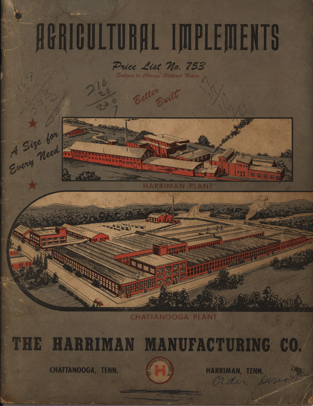 Illustrated catalog describing the agricultural implements offered by Harriman Manufacturing Company in 1953, includes price list.