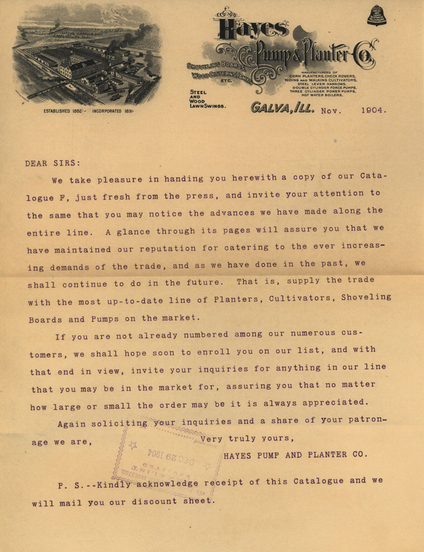 Illustrated catalog describing the agricultural implements and related products offered by Hayes Pump and Planter Company in 1904.