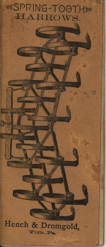 Pocket book advertising for the Hench and Dromgold Spring-Tooth Harrows.