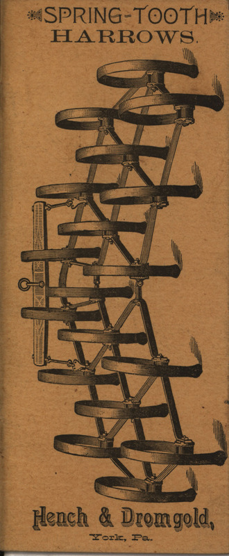 Pocket book advertising for the Hench and Dromgold Spring-Tooth Harrows.