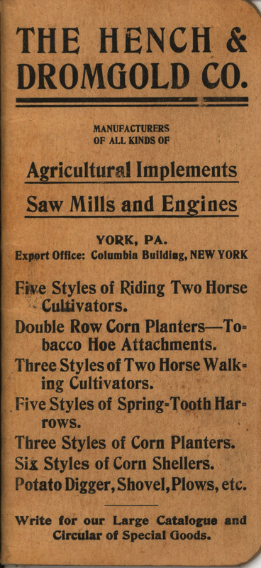 Pocket book advertising Hench and Dromgold Company agricultural implements.