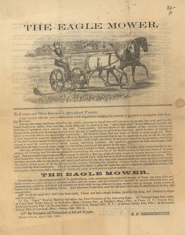 Illustrated advertisement for the eagle mower offered by E. F. Herrington.
