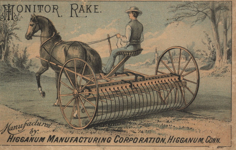 Illustrated advertisement card for the monitor rake offered by Higganum Manufacturing Corporation.
