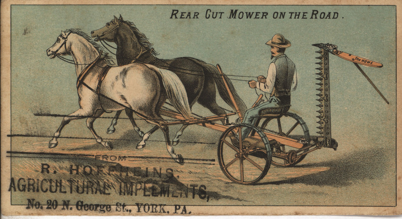 Illustrated advertisement card for the rear cut mower offered by R. Hoffheins Agricultural Implements.