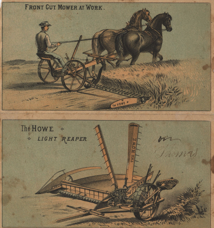Illustrated advertisement card for the Howe Light Reaper and Front-Cut Mower.