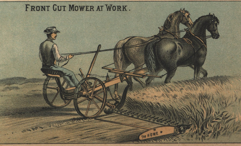 Illustrated advertisement card for the Howe Front Cut Mower.