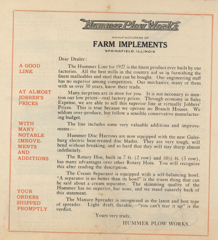 Illustrated catalog and price list describing farm implements offered by Hummer Plow Works.