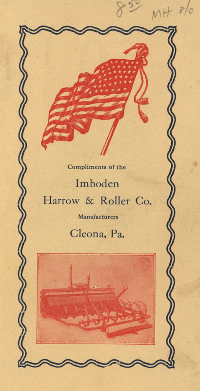 Illustrated catalog advertising the products manufactured by the Imboden Harrow and Roller Company.