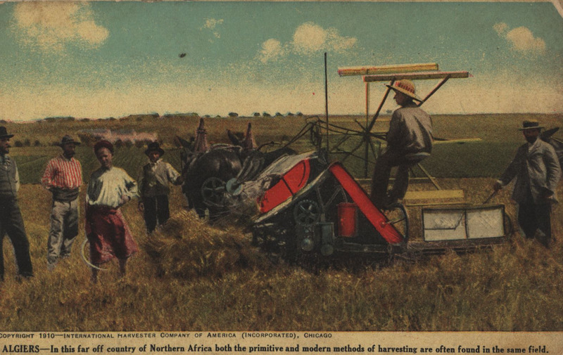 Illustrated postcard advertising the International Harvester Company of America.