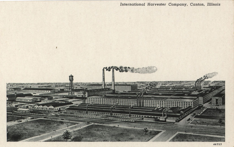 Illustrated postcard depicting the International Harvester Company of America manufacturing plant.