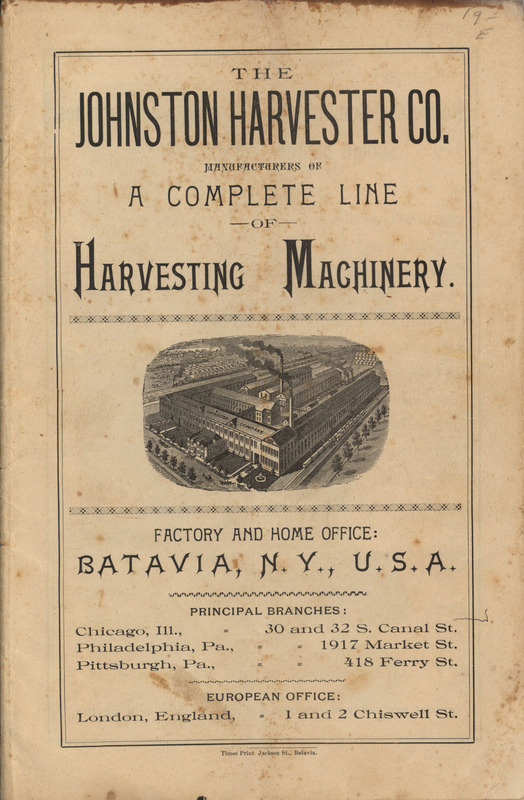 Illustrated catalog describing the harvesting machinery offered by Johnston Harvester Company.