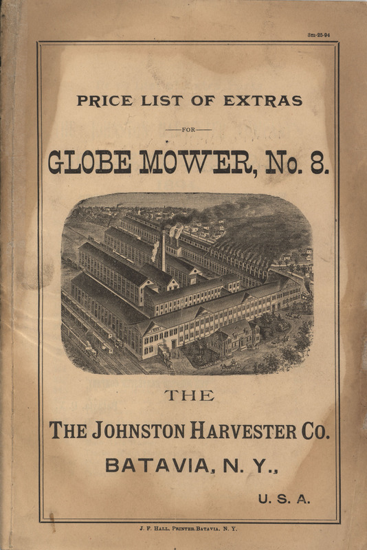 Illustrated price list for the no. 8 globe mower offered by Johnston Harvester Company in 1894.