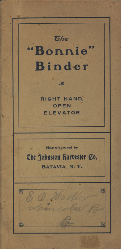 Illustrated advertisement pamphlet for the Bonnie Binder offered by Johnston Harvester Company.