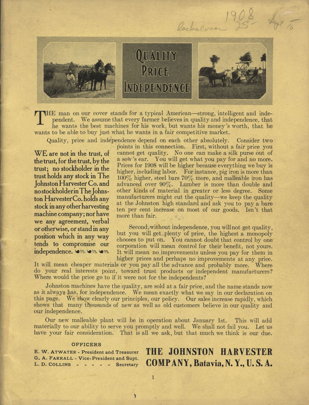 Illustrated catalog describing the agricultural implements offered by Johnston Harvester Company in 1908.