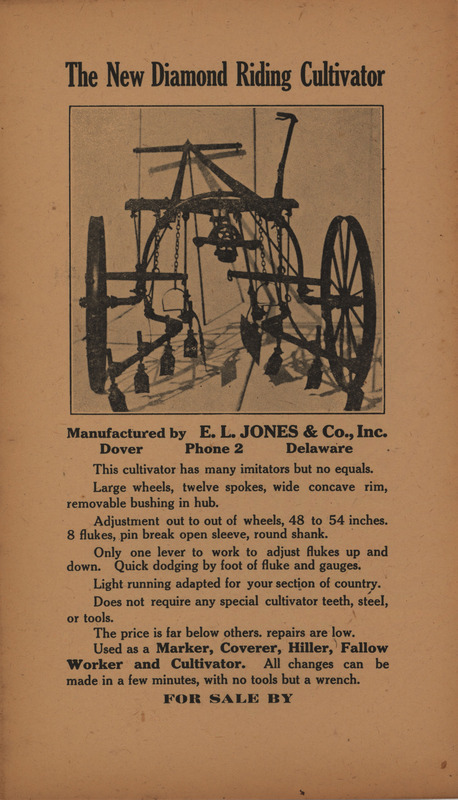 Illustrated advertisement for the New Diamond Riding Cultivator offered by the E. L. Jones and Company.