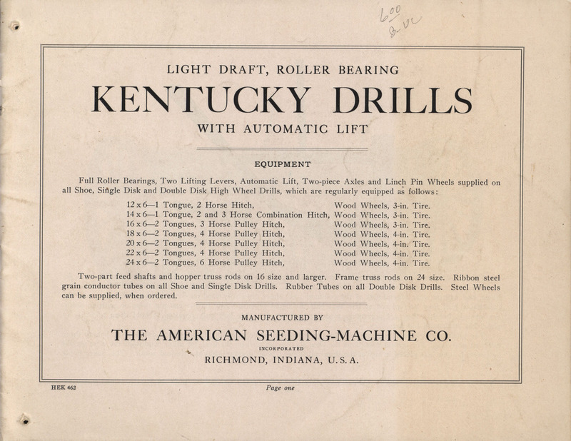 Illustrated catalog describing the Kentucky Drill product line offered by American Seeding-Machine Company.