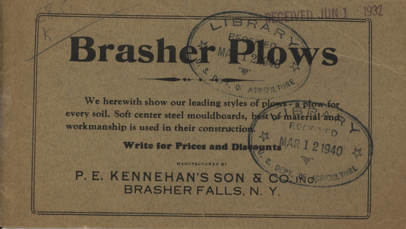 Illustrated catalog describing the Brasher Plows product line offered by P. E. Kennehan's Son and Company in 1932.