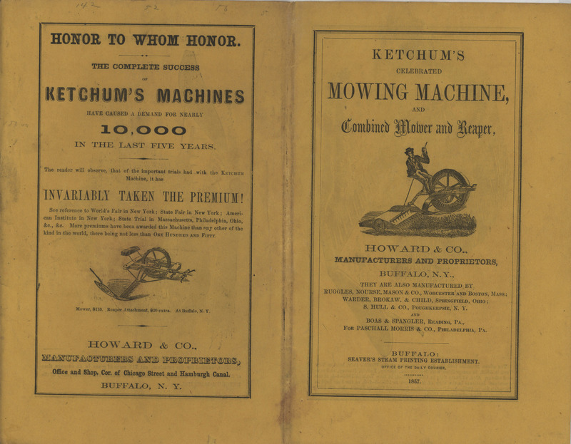 Catalog describing Ketchum's improved combined harvester offered by the Howard and Company in 1857.