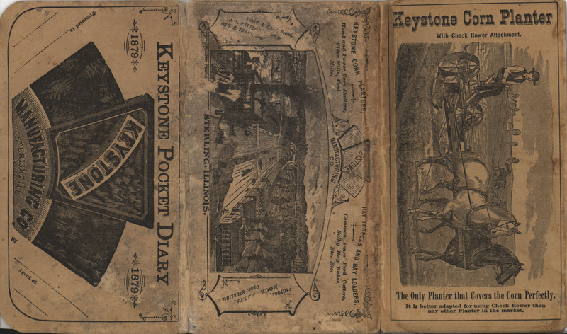 Pocket book produced for advertisement purposes by Keystone Manufacturing Company in 1879 including notebook pages, product descriptions.