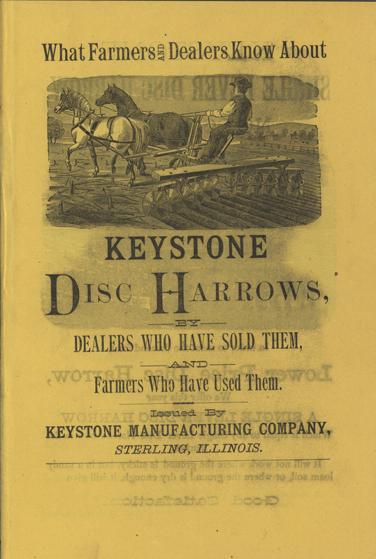Illustrated catalog advertising a disc harrow manufactured by the Keystone Manufacturing Company.
