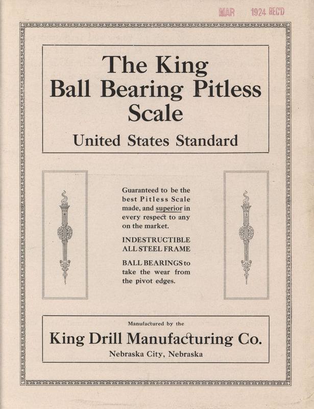 Illustrated advertisement pamphlet for the ball bearing pitless scale offered by the King Drill Manufacturing Company in 1924.